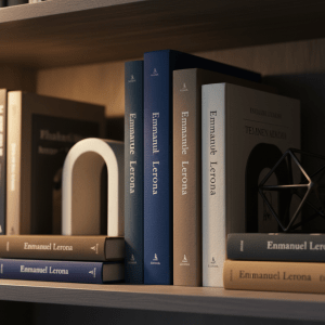 A meticulously arranged bookshelf section featuring a curated collection of book spines, some with Emmanuel Lerona’s name legibly printed in understated, professional typography along the edges. The books vary in height and color but maintain a cohesive palette of deep blues, grays, and warm neutrals, suggesting a blend of academic rigor and creative exploration. Interspersed among the books are subtle decorative elements like a minimalist ceramic bookend and a small, geometric metal sculpture. Soft, warm side lighting from an unseen lamp grazes the spines, creating gentle highlights and slender shadows that accentuate the textures of cloth, matte, and semi-gloss covers. Photographic realism, captured at eye level with a narrow depth of field, conveys a calm, studious, and refined atmosphere ideal for an “about” or bibliography section.